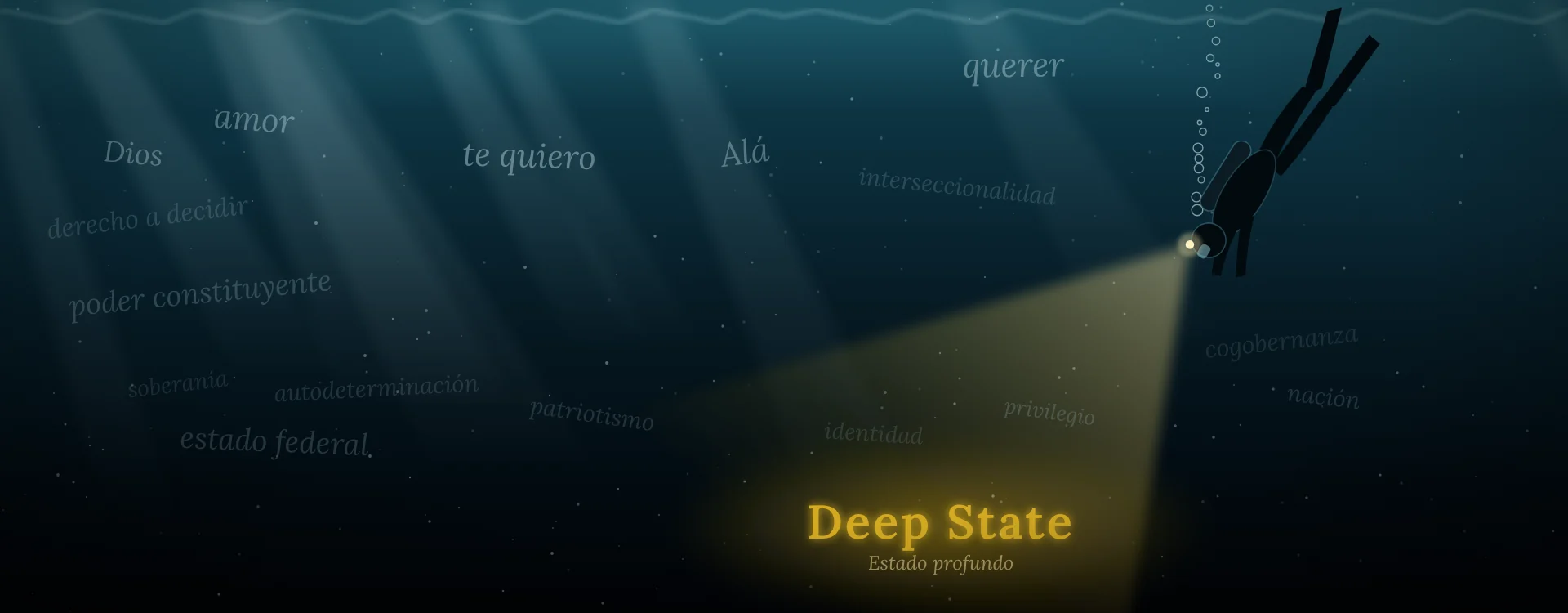 Buceador iluminando con su linterna las palabras “Deep State, Estado profundo” en el fondo del mar, entre términos como amor, Dios, soberanía o nación