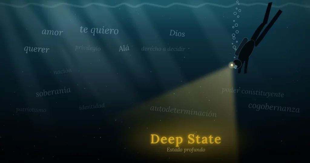 Ilustración de un buceador que desciende entre palabras confusas hasta encontrar en el fondo el “Estado profundo” (Deep State)