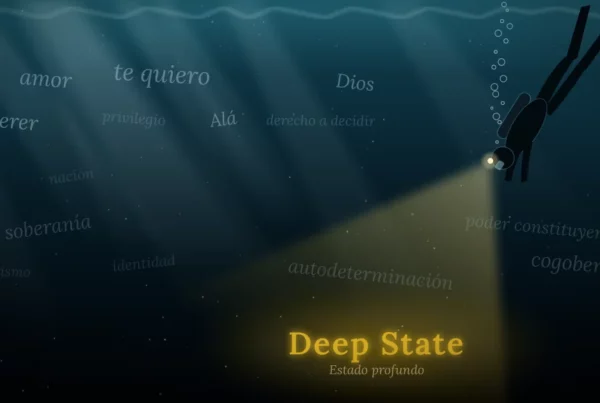 Ilustración de un buceador que desciende entre palabras confusas hasta encontrar en el fondo el “Estado profundo” (Deep State)