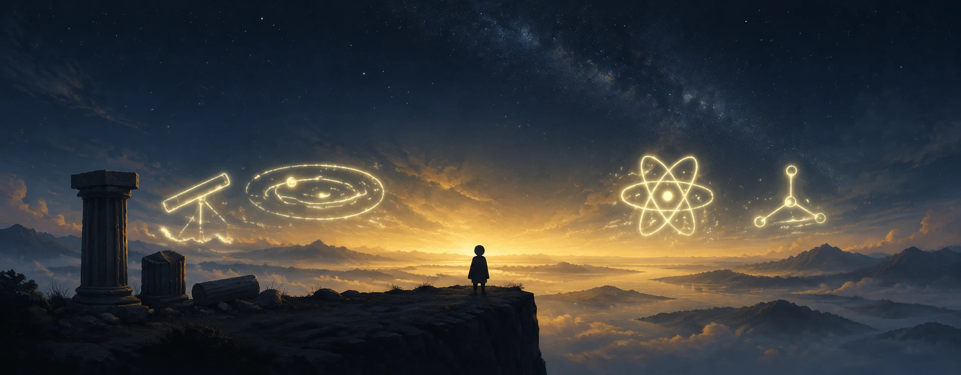 Niño de espaldas al borde de un acantilado mira al horizonte al anochecer, junto a ruinas de columnas griegas, mientras en el cielo brillan símbolos científicos dorados: un telescopio, órbitas, un átomo y una molécula.